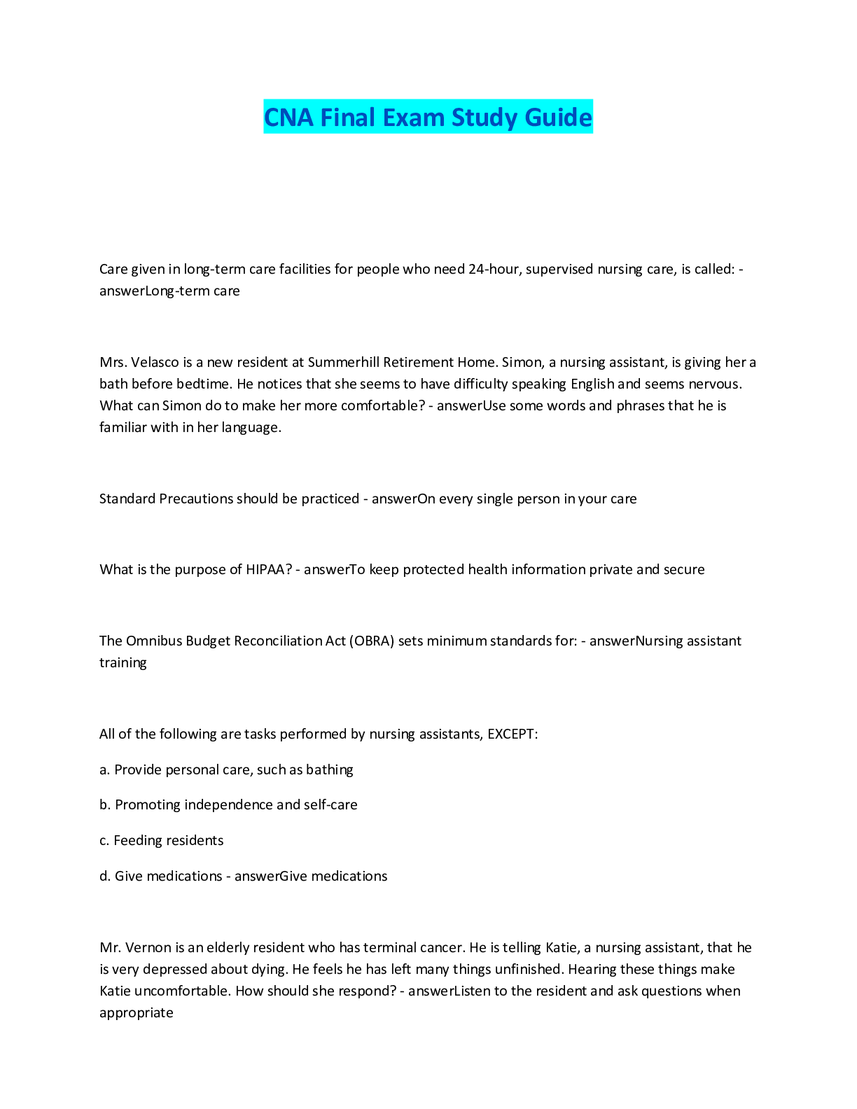 Preview image of CNA Final Exam Study Guide document